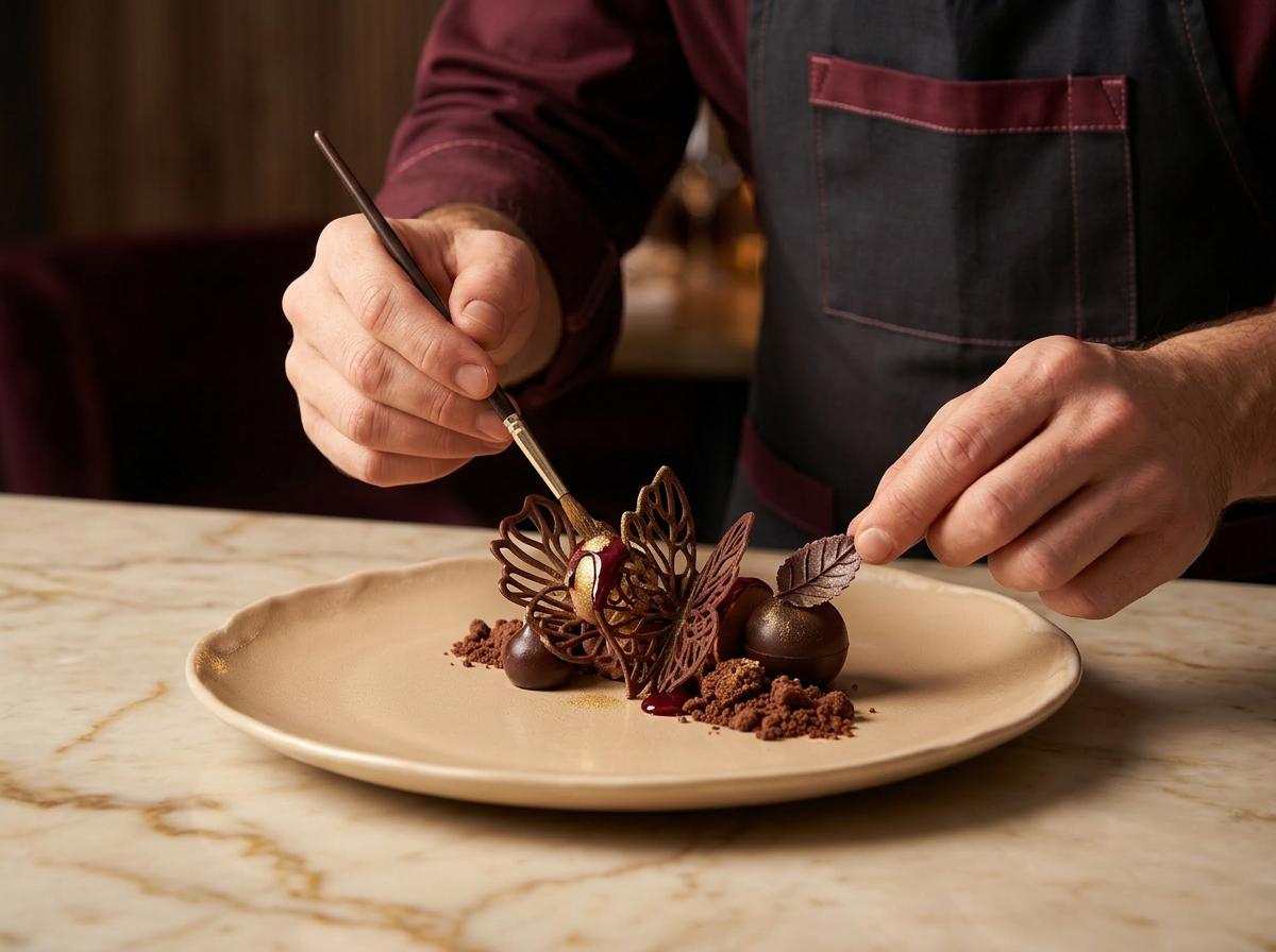 Pastry chef finishing an elegant plated dessert